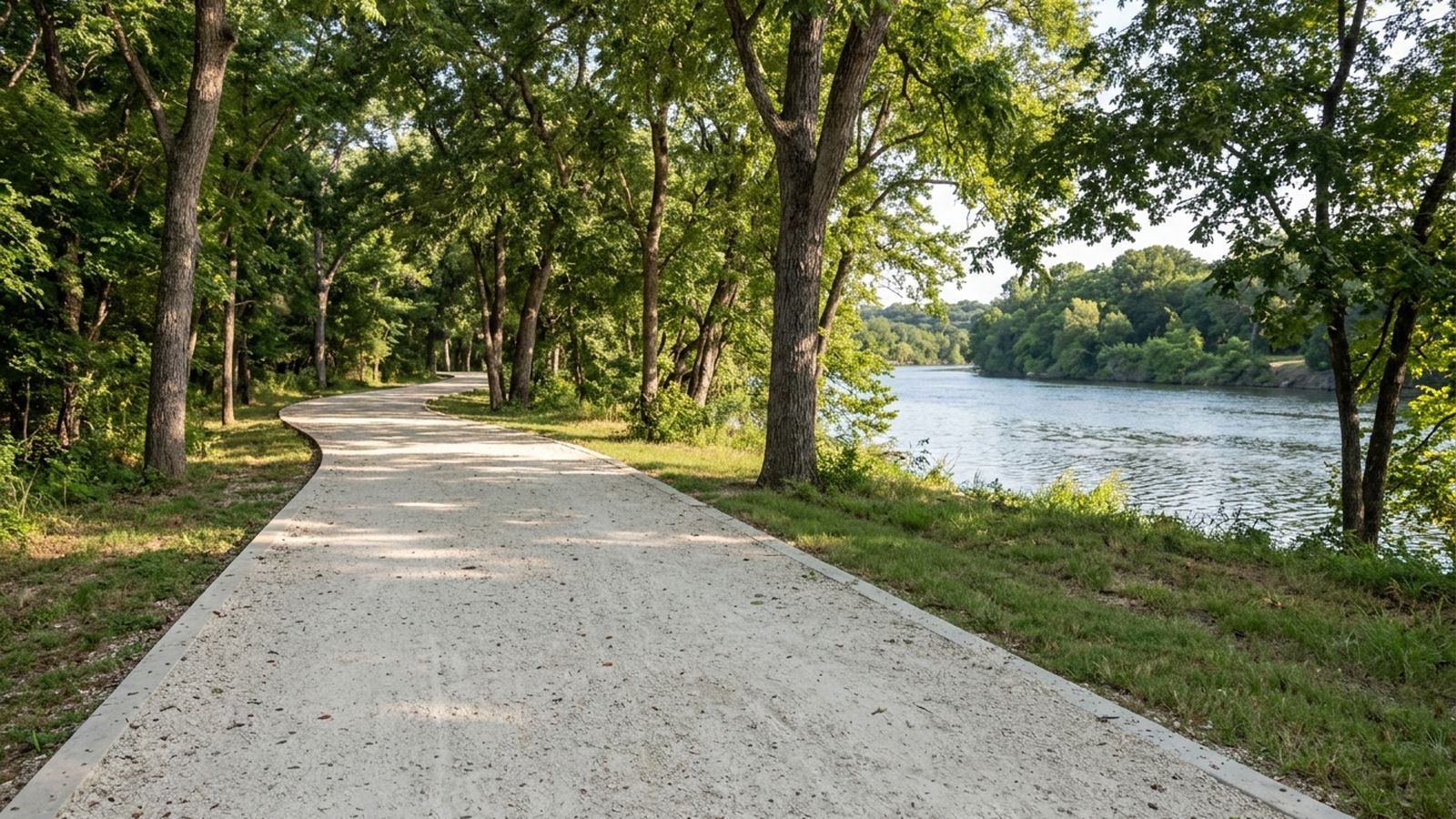 A wide decomposed granite path running under a canopy of large trees beside calm water, dappled morning light, no people in frame
