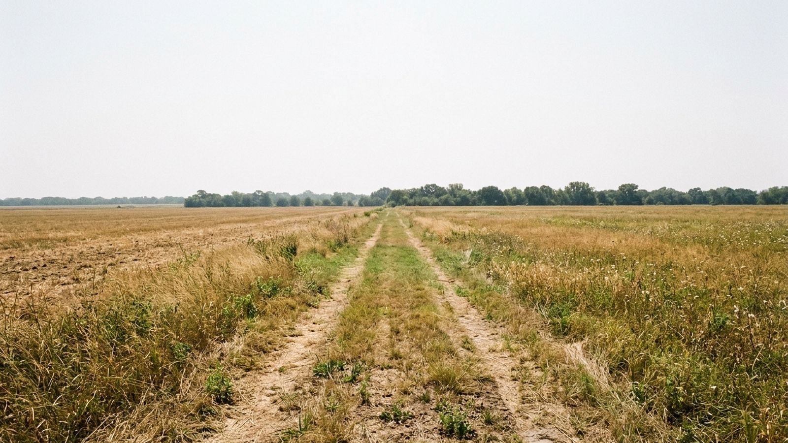 A mown grass path running across open flat ground beside a line of low trees along a creek, hazy white summer sky, no shade on the path, nobody in frame
